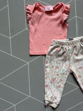 Little Lass|Baby girl spring set,Coral Ribbed Flutter Sleeve Top & Floral Pants•
